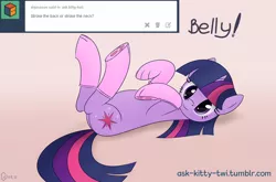 Size: 3000x1982 | Tagged: artist:galekz, ask, ask-kitty-twi, behaving like a cat, bellyrubs, clothes, cute, derpibooru import, legs in air, looking at you, on back, safe, smiling, socks, solo, tumblr, twiabetes, twilight sparkle, underhoof
