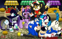 Size: 1500x936 | Tagged: artist:brodogz, blaze the cat, cat, clothes, cosplay, costume, crossover, derpibooru import, honey the cat, jealous, nightmare night, rarity, sonic the hedgehog, sonic the hedgehog (series), suggestive, twilight sparkle, vampire, vinyl scratch, witch