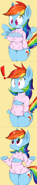 Size: 1235x6128 | Tagged: anthro, arm hooves, artist:graphenescloset, artist:purple-yoshi-draws, bipedal, breast reduction, breasts, busty rainbow dash, chest fluff, cleavage, clothes, derpibooru import, edit, embarrassed, fail, female, gritted teeth, keyhole turtleneck, lip bite, oops, open-chest sweater, rainbow dash, reversed, semi-anthro, solo, solo female, suggestive, sweater, turtleneck, wide eyes