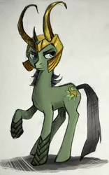 Size: 560x900 | Tagged: safe, artist:lis-alis, derpibooru import, ponified, pony, unicorn, helmet, loki, male, raised hoof, solo, stallion