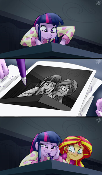 Size: 1920x3272 | Tagged: safe, artist:ponut_joe edit, derpibooru import, edit, sunset shimmer, twilight sparkle, twilight sparkle (alicorn), equestria girls, rainbow rocks, blushing, drawing, inception, meme, mouth drawing, mouth hold, no hooves, paper, pen, scene interpretation, twilight's mouth art