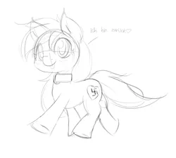 Size: 1869x1680 | Tagged: safe, artist:randy, derpibooru import, oc, oc:aryanne, unofficial characters only, earth pony, pony, black and white, collar, female, grayscale, happy, heart, monochrome, nazi, pet, sketch, solo, swastika, text, tongue out, walking