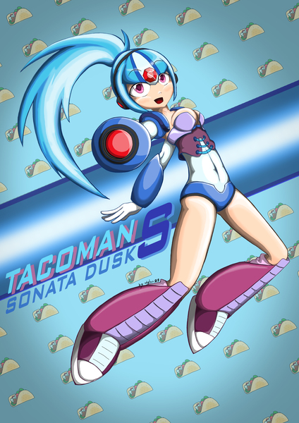 Size: 4169x5906 | Tagged: suggestive, artist:discorded, derpibooru import, sonata dusk, equestria girls, rainbow rocks, absurd resolution, crossover, humanized, megaman, megaman x, solo, sonataco, taco