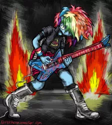 Size: 1000x1114 | Tagged: safe, artist:flutterthrash, derpibooru import, rainbow dash, equestria girls, rainbow rocks, fire, guitar, heavy metal, metal, slayer, thrash metal