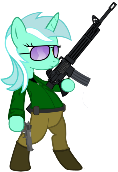 Size: 665x968 | Tagged: artist:grimdark-lindy, c7 lsw, counter-strike, dual wield, elite crew, fenian, gun, irish republican army, lyra heartstrings, m16, m1911, pistol, rifle, safe, sunglasses, terrorist, weapon