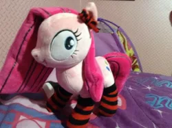 Size: 2592x1936 | Tagged: artist:onlyfactory, bootleg, bow, clothes, derpibooru import, irl, photo, pinkamena diane pie, pinkie pie, plushamena, plushie, safe, socks, striped socks