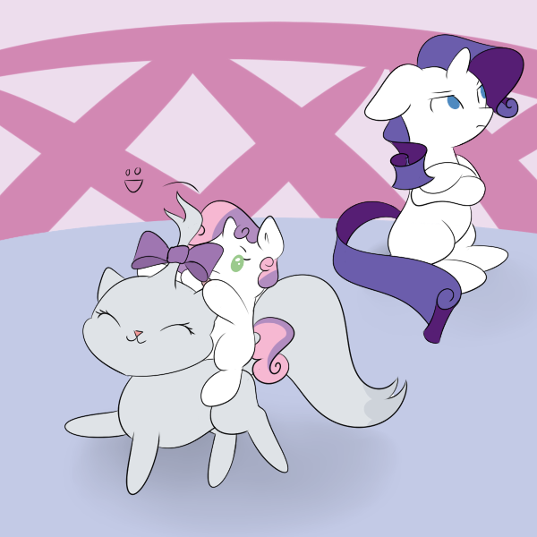 Size: 600x600 | Tagged: safe, artist:mister-true, derpibooru import, opalescence, rarity, sweetie belle, pony, baby, baby belle, baby pony, cute, diasweetes, filly, foal, opalbetes, ponies riding cats, riding, tumblr