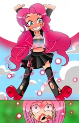 Size: 548x845 | Tagged: artist:hachine, blood, clothes, derpibooru import, fluttershy, genki dama, human, humanized, mary janes, miniskirt, nosebleed, pinkie pie, semi-grimdark, shirt, skirt, smile hd, socks, spirit bomb, thigh highs