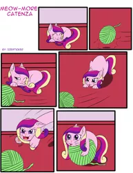 Size: 1224x1584 | Tagged: :3, artist:icesticker, cat, catdance, catified, comic, cute, derpibooru import, fangs, open mouth, princess cadance, prone, safe, sleeping, smiling, solo, species swap, wink, yarn, yarn ball