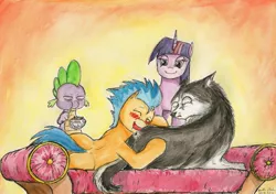 Size: 2301x1624 | Tagged: safe, artist:souleatersaku90, derpibooru import, flash sentry, spike, twilight sparkle, twilight sparkle (alicorn), oc, oc:fox trot, alicorn, pony, wolf, :t, awkward, awkward moment, bedroom eyes, blushing, butthug, commission, drool, eating, fanfic art, female, frown, gay, hug, interspecies, male, mare, open mouth, sleeping, smiling, the simple life, traditional art, watercolor painting, wide eyes