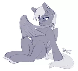 Size: 2562x2340 | Tagged: safe, artist:northernsprint, derpibooru import, oc, oc:windswept skies, unofficial characters only, pegasus, semi-anthro, braid, image, male, missing accessory, monochrome, png, preening, simple background, solo, stallion, white background, wings