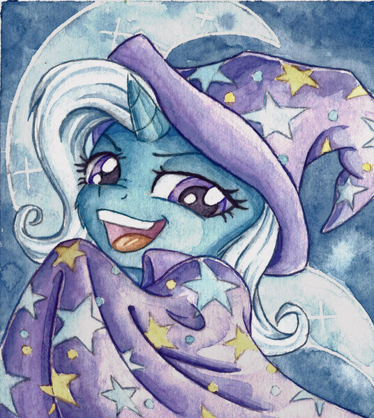 Size: 1024x1147 | Tagged: safe, artist:the-wizard-of-art, derpibooru import, trixie, pony, unicorn, bust, female, mare, solo, traditional art, watercolor painting