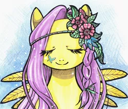 Size: 1200x1017 | Tagged: artist:paulina-ap, flower in hair, fluttershy, portrait, safe, solo, traditional art