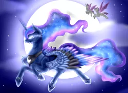 Size: 868x637 | Tagged: safe, artist:twilightmeep, derpibooru import, princess luna, bat pony, pony, flying, moon, night guard, rainbow power, rainbow power-ified