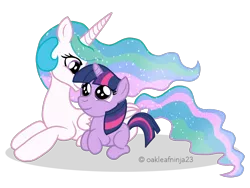 Size: 2048x1536 | Tagged: safe, artist:littleovertures, derpibooru import, princess celestia, twilight sparkle, blank flank, filly, prone, simple background, transparent background, twily