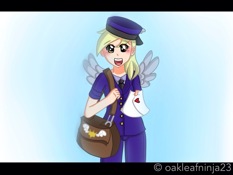 Size: 2048x1536 | Tagged: artist:littleovertures, derpibooru import, derpy hooves, human, humanized, letter, mailbag, mailmare, safe, solo, winged humanization