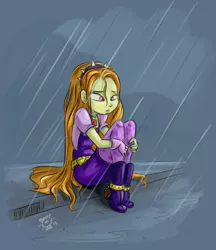 Size: 1672x1932 | Tagged: safe, artist:ponut_joe, derpibooru import, adagio dazzle, human, equestria girls, rainbow rocks, addolorato dazzle, antagonist, boots, discussion, female, gem, lonely, rain, sad, shoes, siren gem, sitting, solo, wet, wet hair