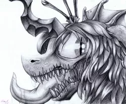 Size: 3400x2800 | Tagged: semi-grimdark, artist:duh-veed, derpibooru import, queen chrysalis, fangs, grayscale, monochrome, sharp teeth, simple background, solo, tongue out, traditional art