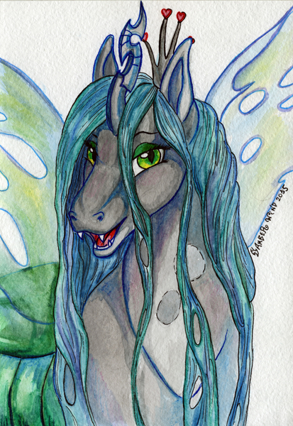 Size: 1100x1600 | Tagged: dead source, safe, artist:amber-wind, derpibooru import, queen chrysalis, changeling, changeling queen, female, looking at you, solo, traditional art