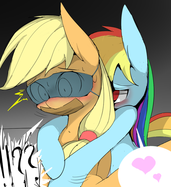 Size: 940x1026 | Tagged: questionable, artist:skippy_the_moon, derpibooru import, applejack, rainbow dash, appledash, blindfold, blushing, bondage, female, gag, heart, hoofing, lesbian, pixiv, possible rape, shipping, tape gag, x-ray