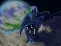 Size: 2048x1536 | Tagged: artist:denigirl, derpibooru import, moon, planet, plot, princess luna, safe, solo, space, spread wings