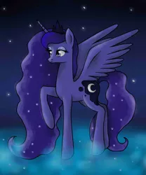 Size: 1000x1200 | Tagged: artist:denigirl, derpibooru import, night, princess luna, raised hoof, safe, solo, spread wings