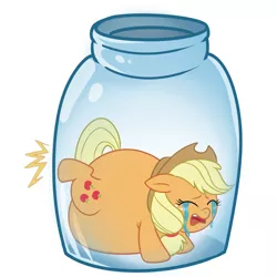 Size: 1000x1000 | Tagged: semi-grimdark, artist:diablo2000, derpibooru import, applejack, fluffy pony, abuse, applefat, captured, chibi, chubby, crying, fat, fluffyjack, image, jar, png, pony in a bottle, solo, trapped