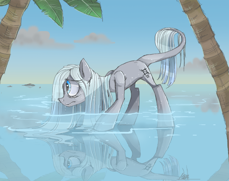 Size: 1000x789 | Tagged: artist:mymineawesome, derpibooru import, horizon, oc, palm tree, pathetic, reflection, sad, safe, solo, tail, tree, unofficial characters only, water