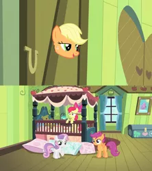 Size: 1024x1152 | Tagged: apple bloom, applejack, artist:dtkraus, cutie mark crusaders, derpibooru import, door, edit, knothole, safe, scootaloo, screencap, silly pony powers activate, somepony to watch over me, sweetie belle, wat