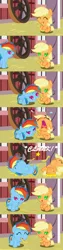 Size: 1120x4410 | Tagged: safe, artist:beavernator, derpibooru import, applejack, baby applejack, rainbow dash, pony, all glory to the beaver grenadier, baby, baby dash, baby pony, baby rainbow dash, babyjack, beavernator is trying to murder us, comic, crying, cute, dashabetes, foal, horseshoes, jackabetes, laughing, mouth hold
