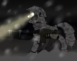 Size: 1000x800 | Tagged: armor, artist:slouping, battle saddle, browning m2, camouflage, derpibooru import, fallout equestria, female, gun, machine gun, oc, oc:blizzard, power armor, powered exoskeleton, safe, snow, snowfall, stalactite, steel ranger, steel rangers, unofficial characters only, weapon