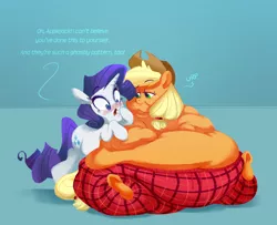 Size: 2970x2416 | Tagged: safe, artist:mellowhen, derpibooru import, applejack, rarity, pony, applebutt, applefat, belly, bingo wings, blushing, burp, chubby cheeks, clothes, crime against fashion, dialogue, fat, fat fetish, fetish, high res, impossibly large belly, impossibly large butt, morbidly obese, obese, plaid, plot, sweatpants