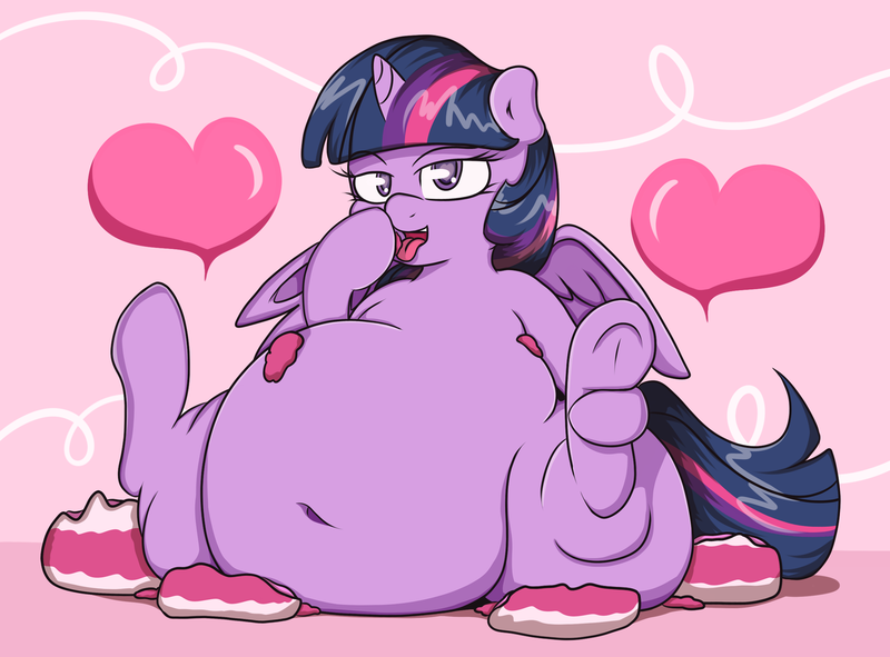 Size: 2257x1668 | Tagged: questionable, artist:graphenescloset, derpibooru import, twilight sparkle, twilight sparkle (alicorn), alicorn, pony, bedroom eyes, belly, belly button, big belly, cake, fat, female, kitchen eyes, mare, morbidly obese, obese, thighs, twilard sparkle, underhoof