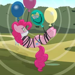 Size: 1024x1023 | Tagged: artist:radiantrealm, balloon, bondage, cloth gag, derpibooru import, discord, discord balloon, gag, hypnosis, pinkie pie, rope, rope bondage, show accurate, show accurate porn, suggestive, suspended, swirly eyes