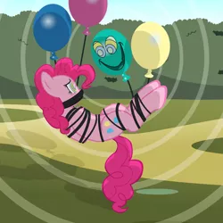 Size: 1024x1023 | Tagged: alternate version, artist:radiantrealm, balloon, bondage, derpibooru import, discord, discord balloon, gag, hypnosis, pinkie pie, rope gag, show accurate, show accurate porn, suggestive, suspended