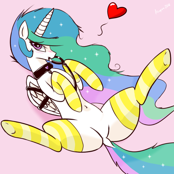 Size: 1024x1024 | Tagged: artist:aempire, bedroom eyes, belly button, blushing, bound wings, clothes, collar, cute, cute porn, derpibooru import, dock, featureless crotch, female, femsub, heart, leash, lying down, messy mane, mouth hold, on back, pet play, princess celestia, questionable, simple background, socks, solo, solo female, source needed, striped socks, sublestia, submissive, underhoof, wingding eyes