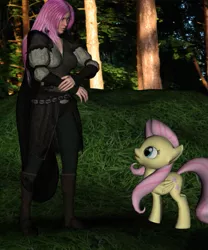 Size: 471x567 | Tagged: safe, artist:neosilverthorn, derpibooru import, fluttershy, elf, 3d, description story, druid, fantasy, forest, meeting yourself, this can only end well