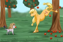 Size: 1024x691 | Tagged: applebucking, applejack, applejack mid tree-buck facing the left with 3 apples falling down, applejack mid tree-buck with 3 apples falling down, artist:blueheart417, dracony, foalsitter, hybrid, interspecies offspring, oc, oc:tanzanite, offspring, parent:rarity, parent:spike, parents:sparity, safe