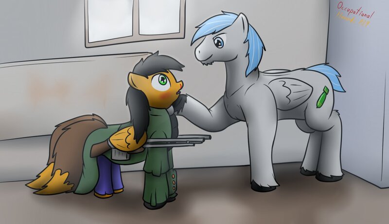 Size: 1280x736 | Tagged: safe, artist:the-furry-railfan, derpibooru import, oc, oc:featherweight, oc:twintails, unofficial characters only, pegasus, pony, fallout equestria, fallout equestria: occupational hazards, b.a.r., blood, crush, gun, indoors, nosebleed, story