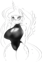 Size: 862x1259 | Tagged: anthro, artist:zev, blushing, both cutie marks, breasts, busty nightmare moon, clothes, female, grayscale, leotard, monochrome, nightmare moon, nudity, one-piece swimsuit, solo, solo female, stupid sexy nightmare moon, suggestive, swimsuit, wide hips