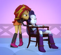 Size: 1200x1080 | Tagged: suggestive, artist:3d thread, artist:creatorofpony, derpibooru import, rarity, sunset shimmer, equestria girls, /mlp/, 3d, 3d model, blender, bondage, boots, bracelet, chair, clothes, evil grin, jacket, jewelry, rope, scared, skirt, tied down