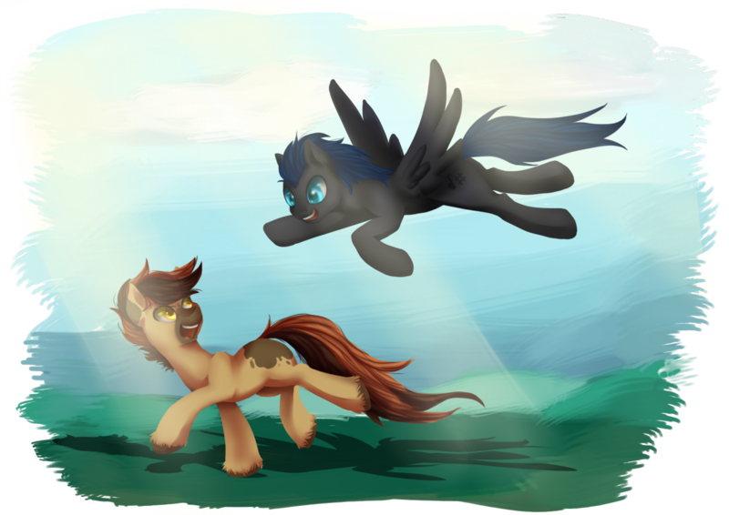 Size: 1280x905 | Tagged: safe, artist:murzik-teijiro, derpibooru import, oc, oc:melodic stream, oc:solar wind, unofficial characters only, earth pony, pegasus, pony, blank flank, cute, flying, long tail, running, spread wings, unshorn fetlocks