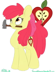 Size: 757x978 | Tagged: safe, artist:farewelldecency, deleted from derpibooru, derpibooru import, apple bloom, earth pony, pony, alternate cutie mark, cutie mark, hammer, mouth hold, older, simple background, solo, transparent background