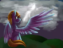 Size: 931x715 | Tagged: safe, artist:eggoatt, artist:tomboy-brony, derpibooru import, lightning dust, pegasus, pony, cloud, cloudy, female, lightning, looking back, mare, one wing out, sitting, smiling, solo