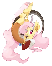 Size: 1051x1330 | Tagged: artist:twitchykismet, bucktooth, draconequified, draconequus, female, floating, flutterequus, fluttershy, goat eyes, safe, simple background, solo, transparent background