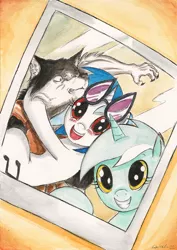 Size: 1639x2318 | Tagged: safe, artist:souleatersaku90, derpibooru import, lyra heartstrings, vinyl scratch, wolf, fanfic, commission, fanfic art, group photo, hug, photo, the simple life, traditional art, watercolor painting