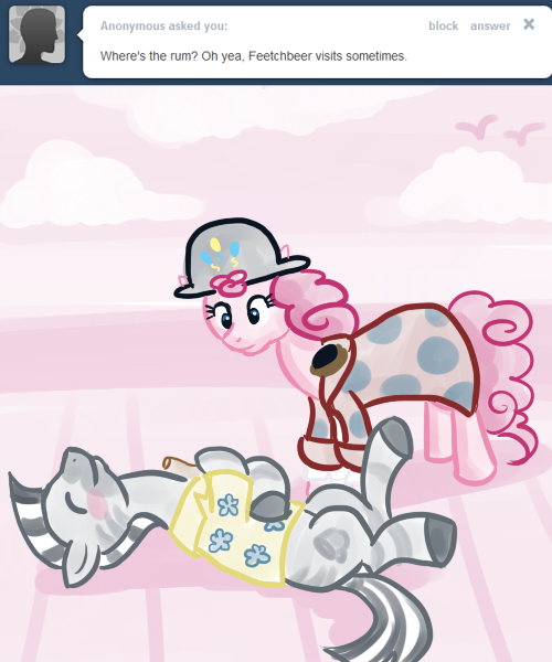 Size: 500x600 | Tagged: artist:alipes, ask, ask pinkie pierate, bottle, clothes, derpibooru import, hat, oc, oc:fetchbeer, pinkie pie, pirate, safe, tumblr, zebra