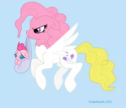 Size: 1024x879 | Tagged: safe, artist:snakehands, derpibooru import, pinkie pie, surprise, pony, baby, baby pie, baby pony, bubblegum, carrying, filly, flying, foal