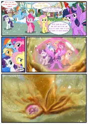 Size: 3500x4951 | Tagged: safe, artist:light262, derpibooru import, applejack, fluttershy, pinkie pie, rainbow dash, rarity, twilight sparkle, twilight sparkle (alicorn), alicorn, pony, comic:timey wimey, action pose, comic, female, force field, mane six, mare