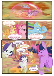 Size: 3500x4951 | Tagged: safe, artist:light262, derpibooru import, applejack, fluttershy, pinkie pie, rainbow dash, rarity, twilight sparkle, twilight sparkle (alicorn), alicorn, pony, comic:timey wimey, biting, comic, female, force field, hurricane, image, jpeg, mane six, mare, tail, tail bite, tail pull